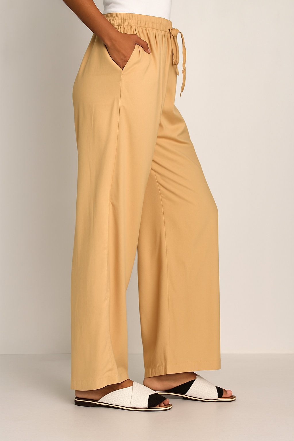 Women's Solid Palazzo Pants – 24 GM Lightweight Wide-Leg Trousers with Drawstring Waist