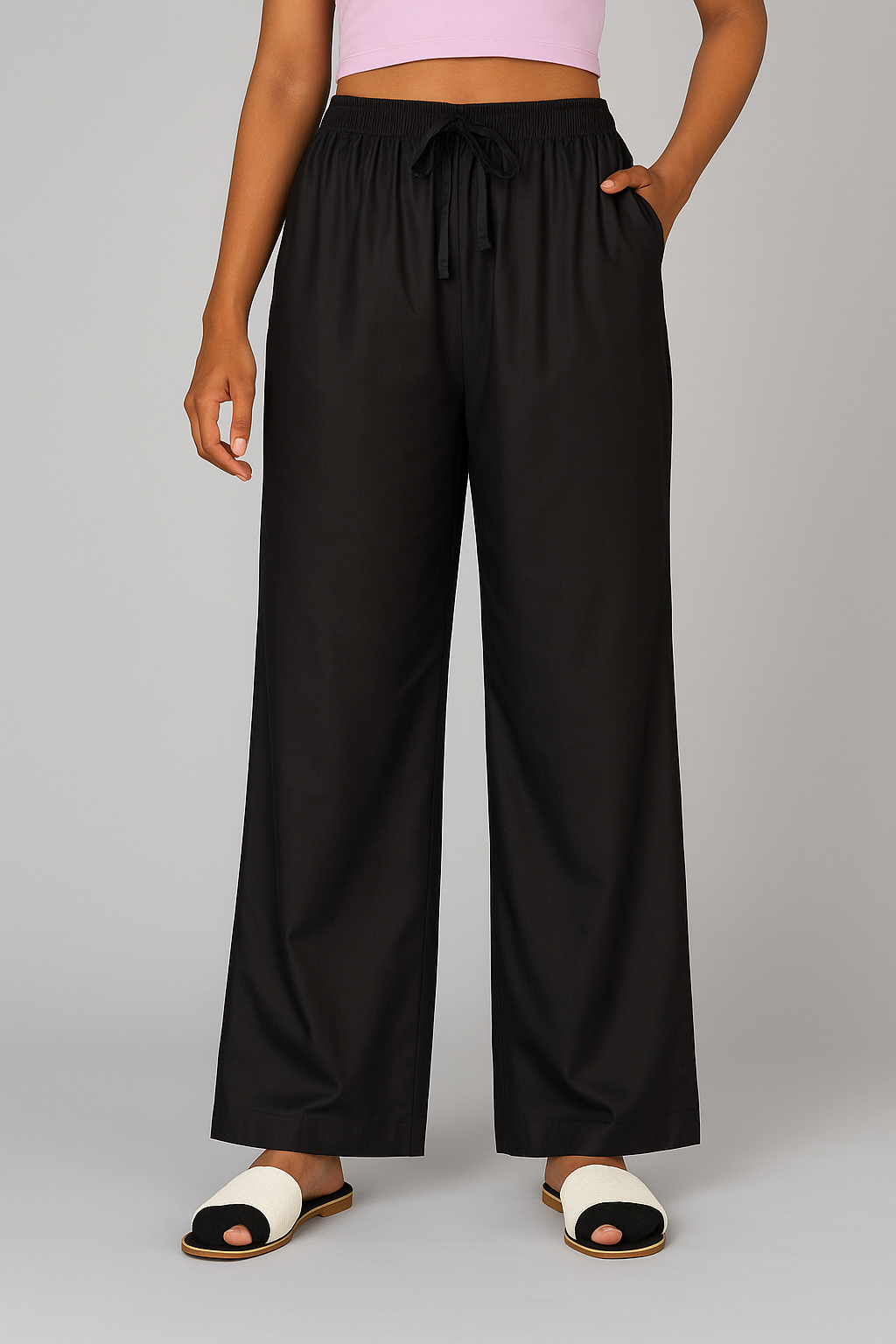 Women's Solid Palazzo Pants – 24 GM Lightweight Wide-Leg Trousers with Drawstring Waist