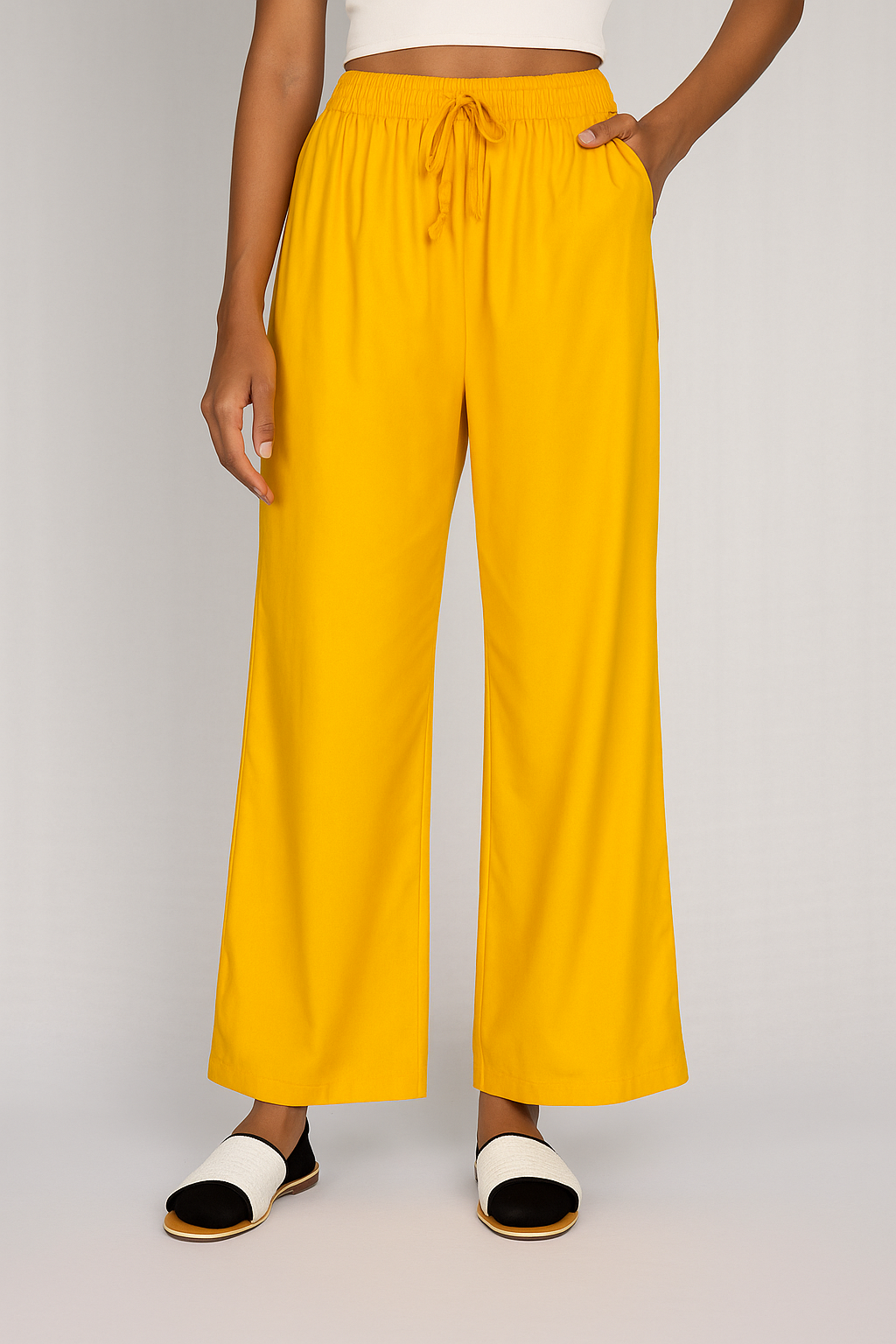 Women's Solid Palazzo Pants – 24 GM Lightweight Wide-Leg Trousers with Drawstring Waist
