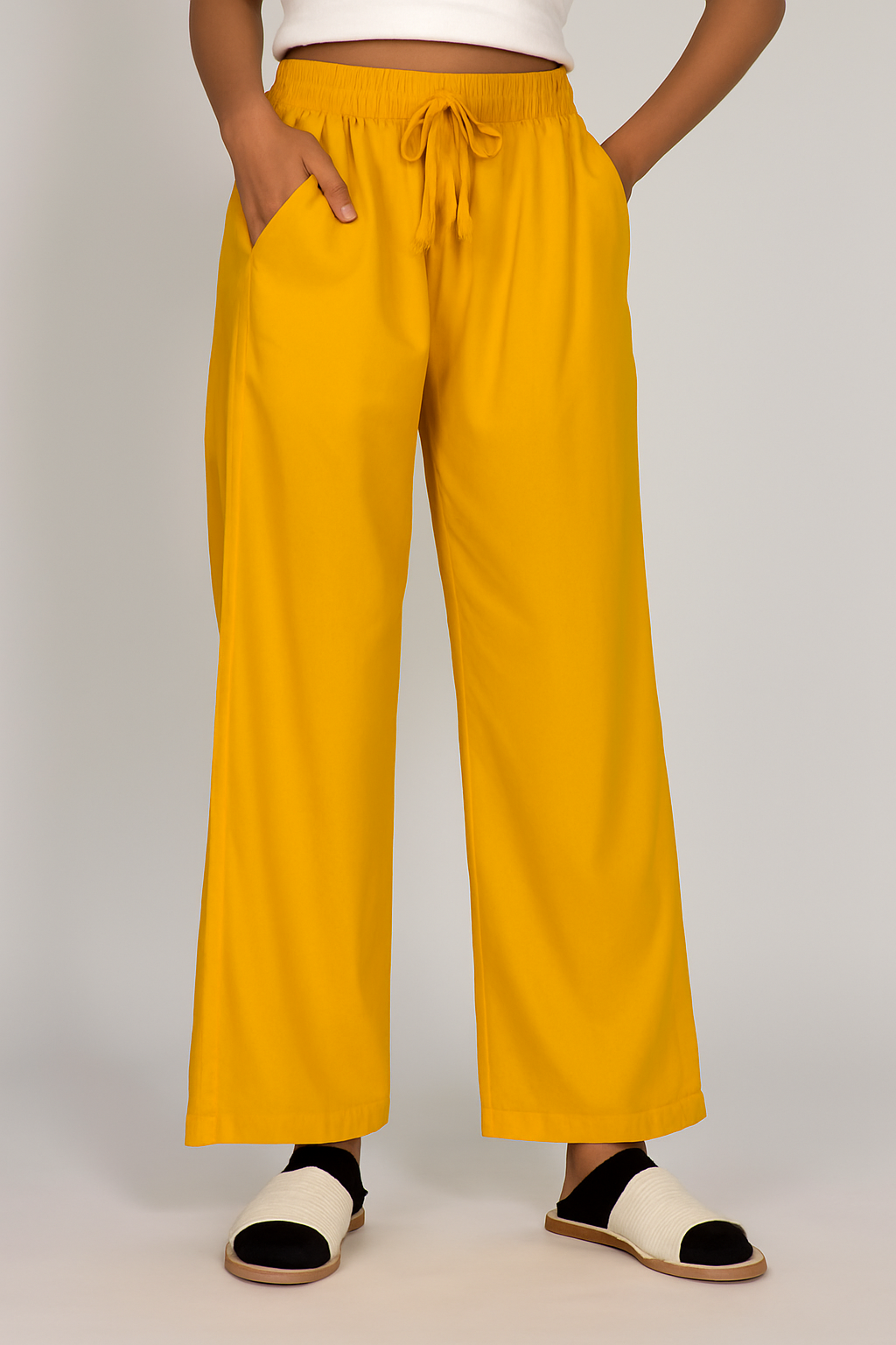 Women's Solid Palazzo Pants – 24 GM Lightweight Wide-Leg Trousers with Drawstring Waist