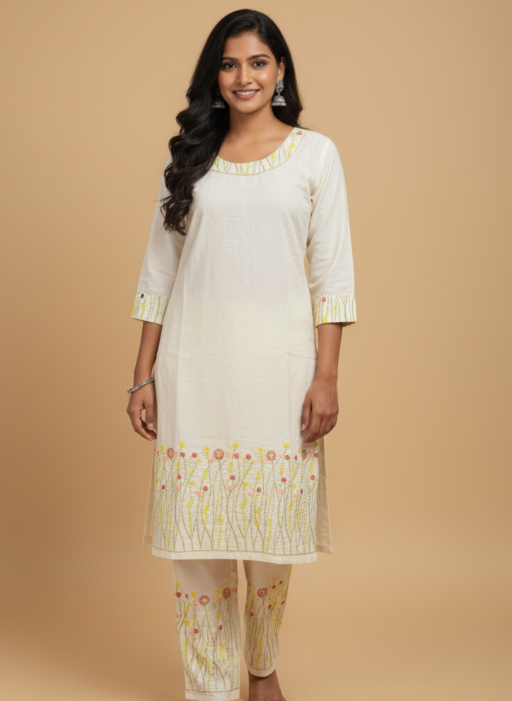 Cream Embroidered Co-Ord Set | Cotton Kurta with Pants