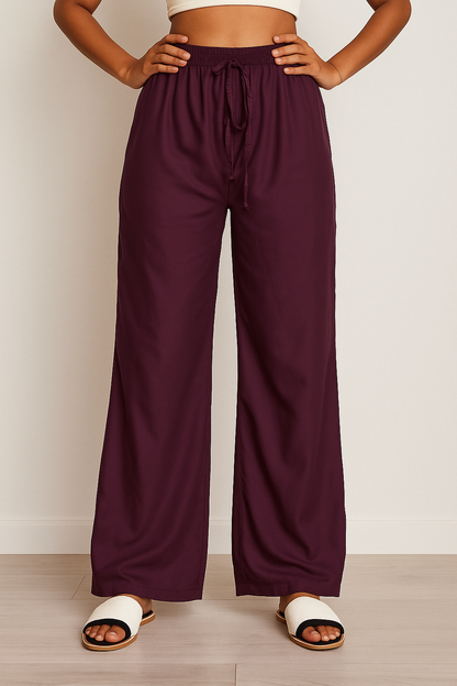 Women's Solid Palazzo Pants – 24 GM Lightweight Wide-Leg Trousers with Drawstring Waist