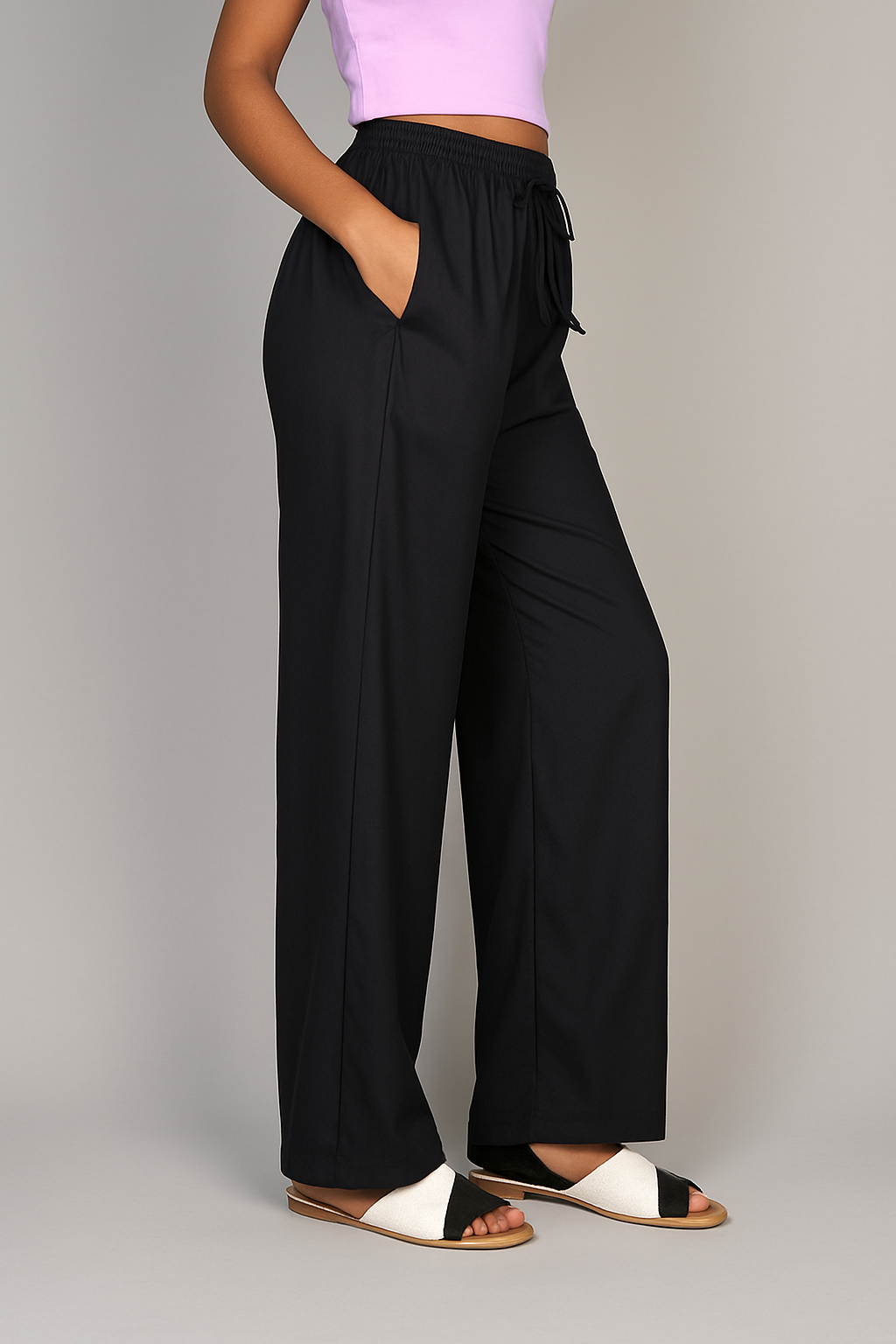Women's Solid Palazzo Pants – 24 GM Lightweight Wide-Leg Trousers with Drawstring Waist