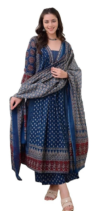 KLOSIA Women Printed Anarkali Kurta and Pant Set with Dupatta
