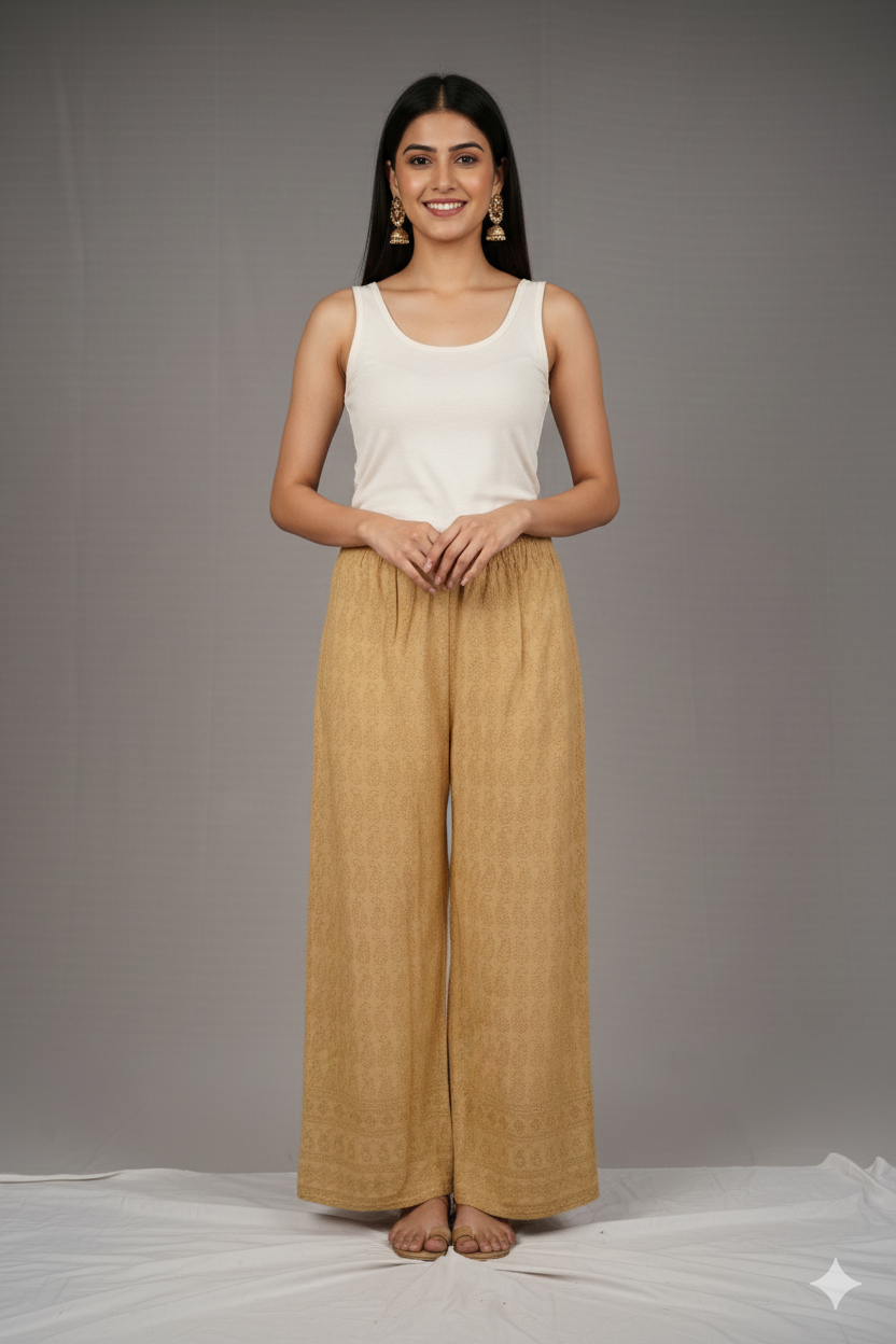 Reyon Palazzo – Women’s 14 GSM Embroidered Wide-Leg Pant