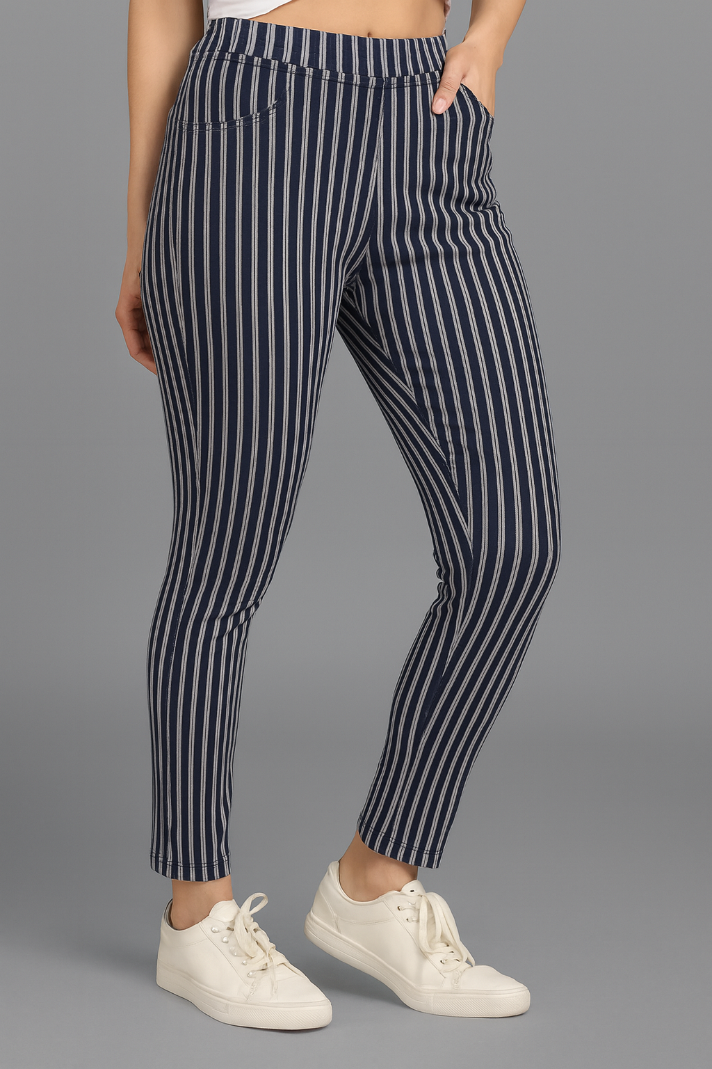 Denim Color Stripe Pant – Women’s Multi-Stripe Slim Fit Bottoms