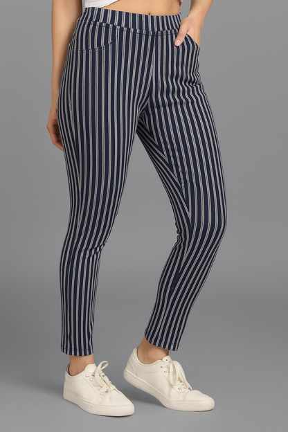 Denim Color Stripe Pant – Women’s Multi-Stripe Slim Fit Bottoms