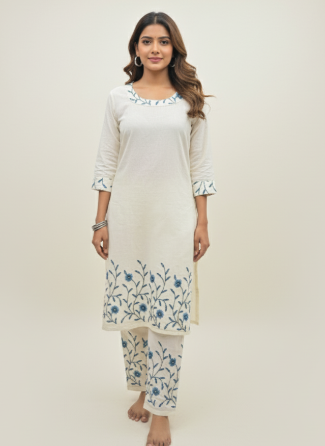 Cream Embroidered Co-Ord Set | Cotton Kurta with Pants