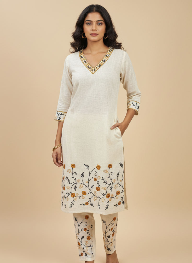 Cream Embroidered Co-Ord Set | Cotton Kurta with Pants