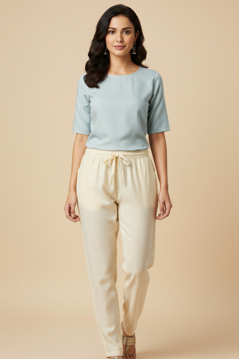 Linen Straight Fit Pants with Side & Back Pockets and drawstrings