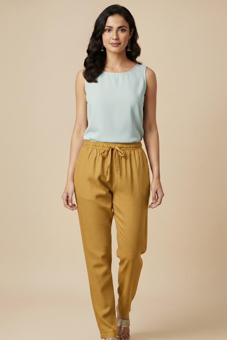 Linen Straight Fit Pants with Side & Back Pockets and drawstrings