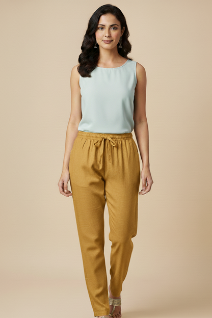 Linen Straight Fit Pants with Side & Back Pockets and drawstrings