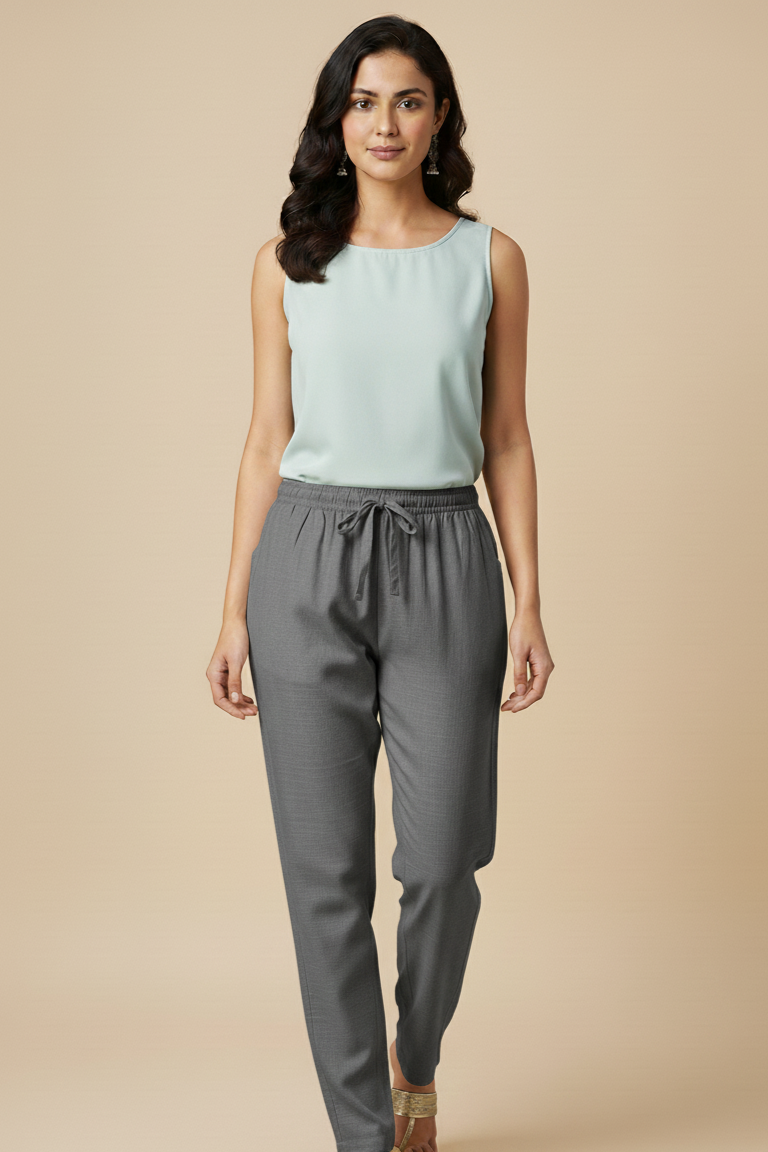 Linen Straight Fit Pants with Side & Back Pockets and drawstrings
