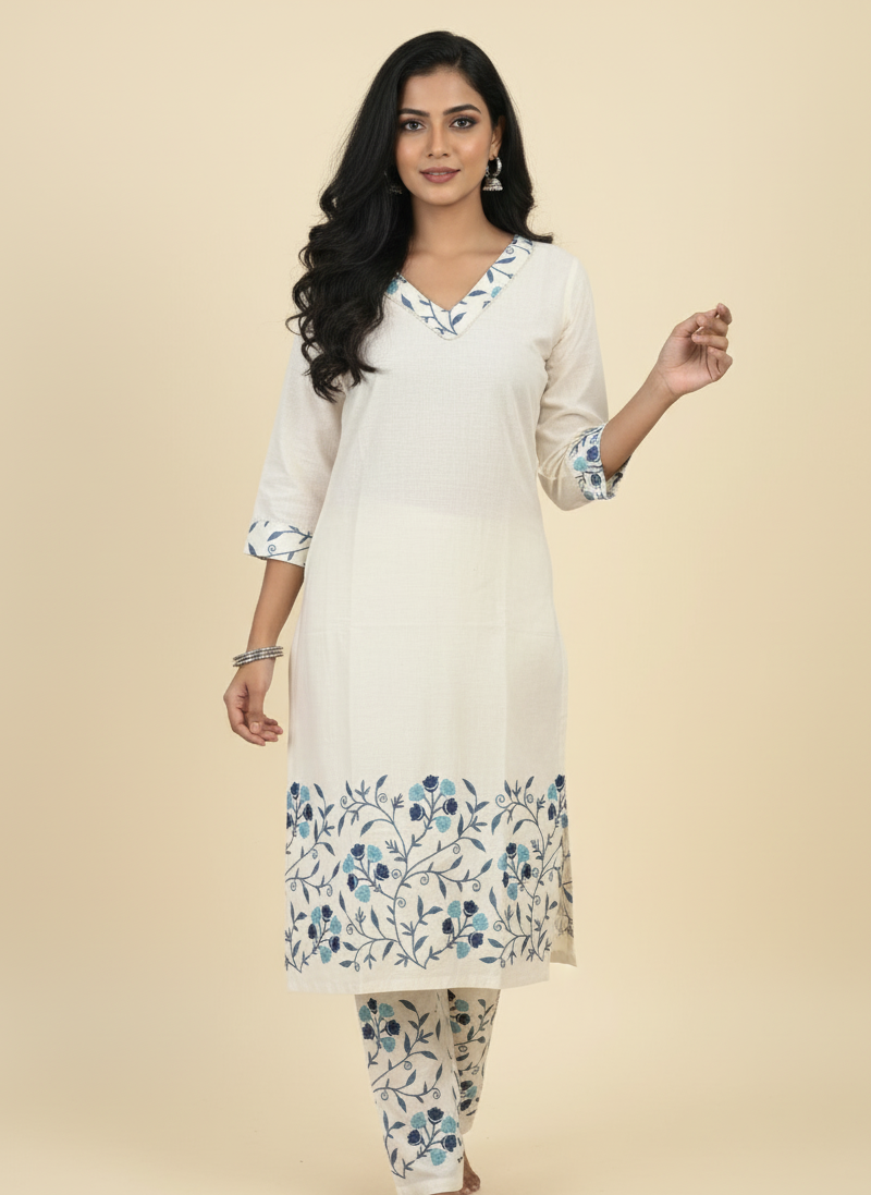 Cream Embroidered Co-Ord Set | Cotton Kurta with Pants