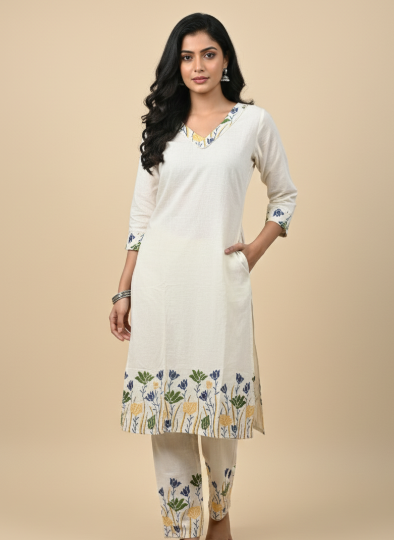 Cream Embroidered Co-Ord Set | Cotton Kurta with Pants