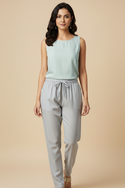 Linen Straight Fit Pants with Side & Back Pockets and drawstrings