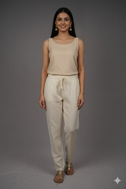 Linen Straight Fit Pants with Side & Back Pockets and drawstrings