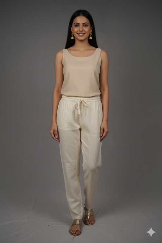 Linen Straight Fit Pants with Side & Back Pockets and drawstrings