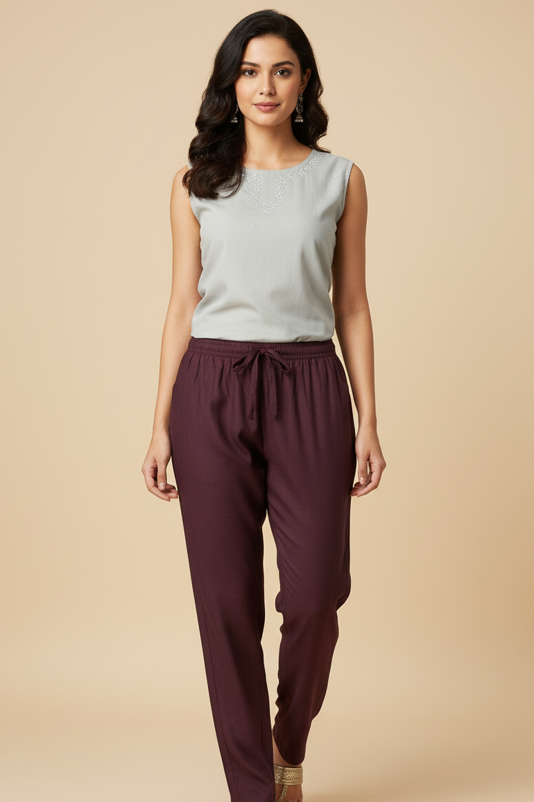 Linen Straight Fit Pants with Side & Back Pockets and drawstrings