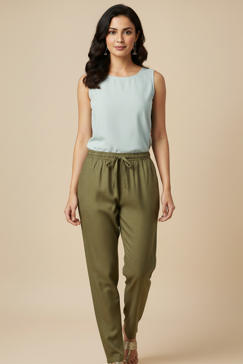 Linen Straight Fit Pants with Side & Back Pockets and drawstrings