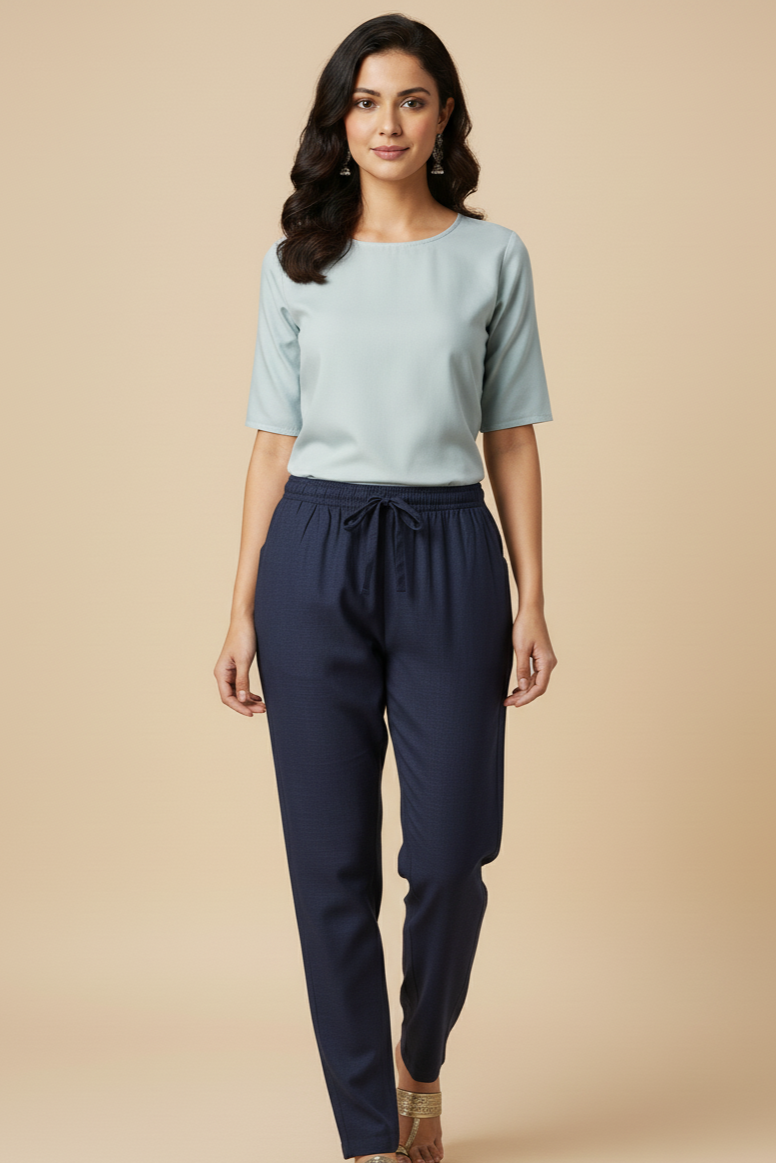 Linen Straight Fit Pants with Side & Back Pockets and drawstrings