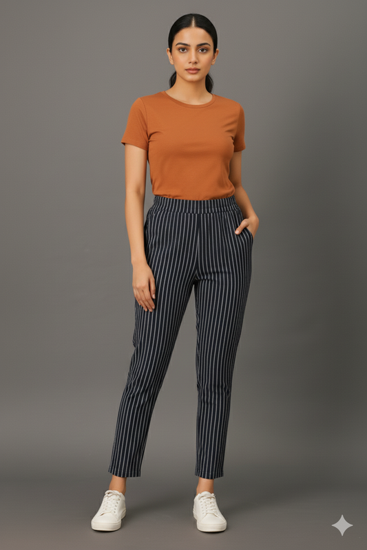 Denim Color Stripe Pant – Women’s Multi-Stripe Slim Fit Bottoms