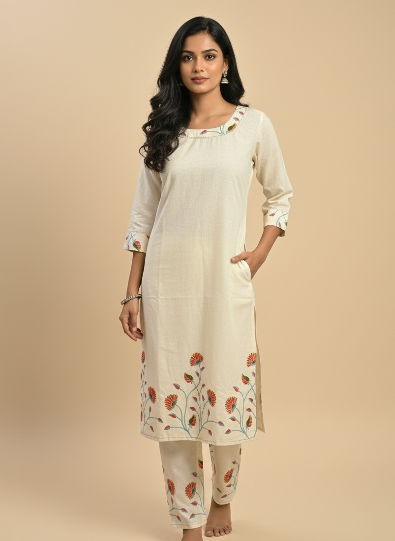 Cream Embroidered Co-Ord Set | Cotton Kurta with Pants