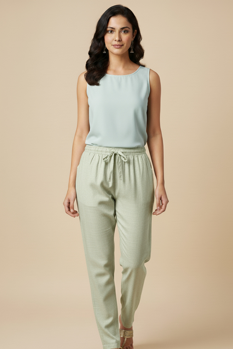 Linen Straight Fit Pants with Side & Back Pockets and drawstrings