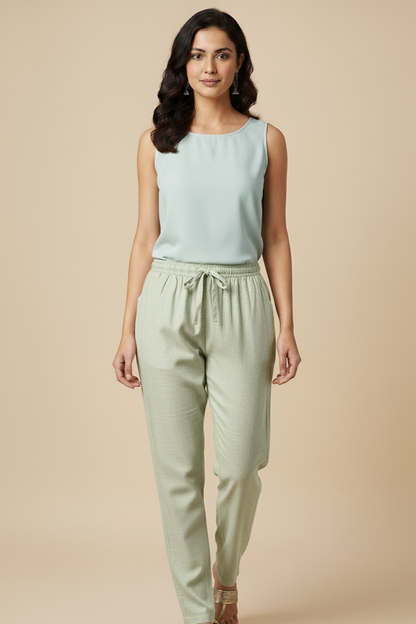 Linen Straight Fit Pants with Side & Back Pockets and drawstrings