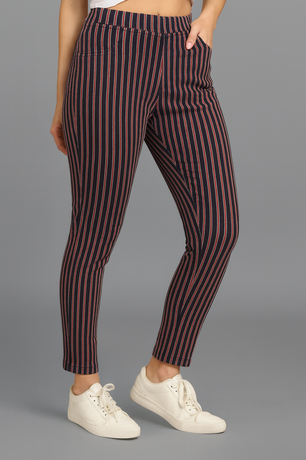 Denim Color Stripe Pant – Women’s Multi-Stripe Slim Fit Bottoms