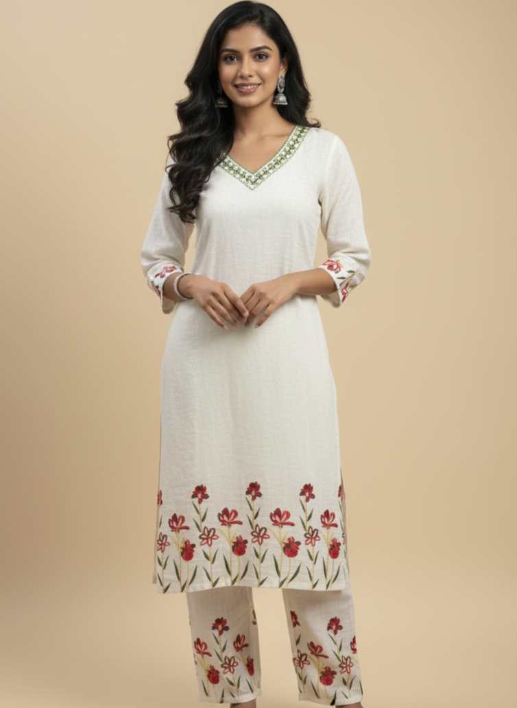 Cream Embroidered Co-Ord Set | Cotton Kurta with Pants