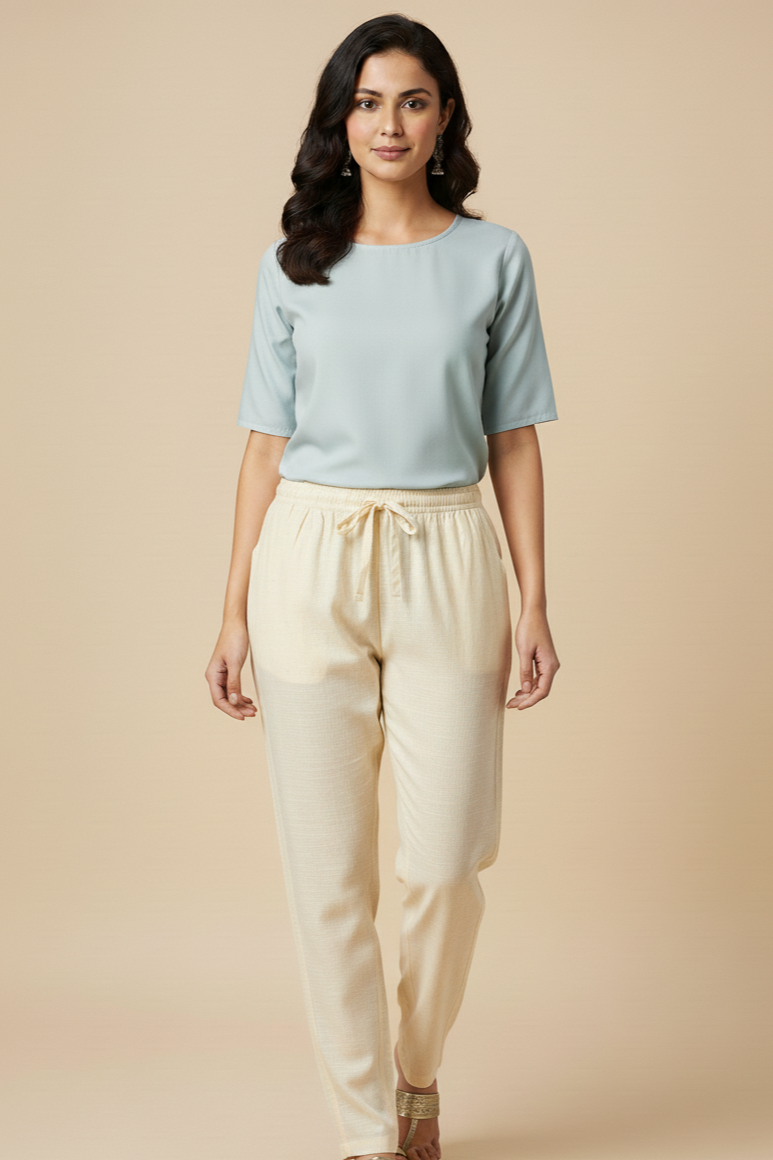 Linen Straight Fit Pants with Side & Back Pockets and drawstrings